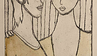 Foto einer colorierten radierung, das zwei einander zugewandte Frauen zeigt